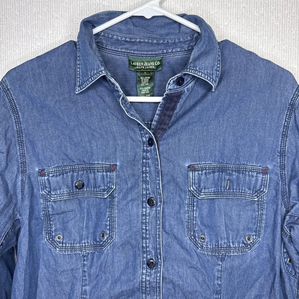 Lauren Jeans Co Ralph Lauren Womens Large L Blue Denim Chambray Utility Shirt